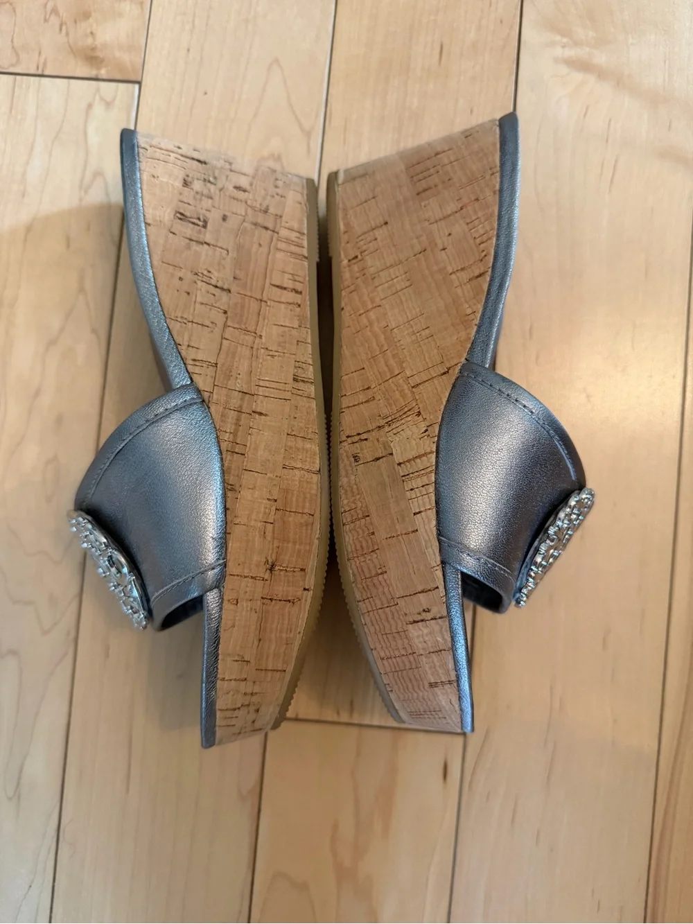 Vintage Coach Metallic Silver Slide Sandals with Signature Medallions